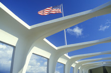 American Flag Flying Over USS Arizona Memorial Museum, Pearl Harbor, Oahu, Hawaii