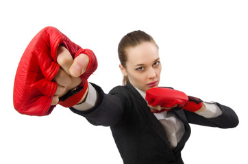 Woman boxer isolated on white background