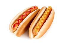 Hot Dogs With Ketchup And Mustard Isolated On White Background.