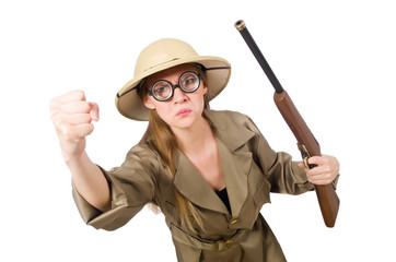 Woman wearing safari hat on white