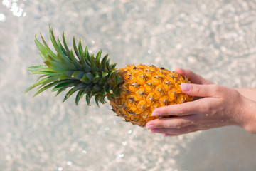 Female hands holding a pineapple on blue sea background