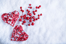 Two Beautiful Romantic Vintage Red Hearts Together On White Snow Winter Background. Love And St. Valentines Day Concept
