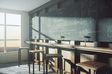 Poster - Vintage college classroom with equation solution on blackboard a