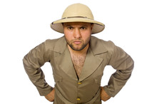 Man In Safari Hat Isolated On White