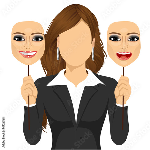 Valokuva faceless woman holding happy and angry mask