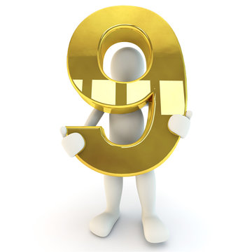 3D Human character holding golden number nine