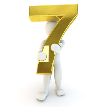 3D Human character holding golden number seven
