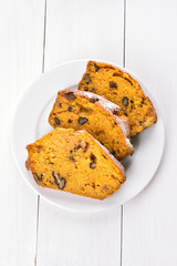 Sliced pumpkin bread on white plate