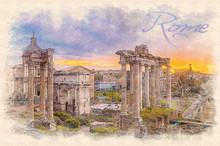 Watercolor Painting Effect Illustration Of A Dawn Over The Roman Forum