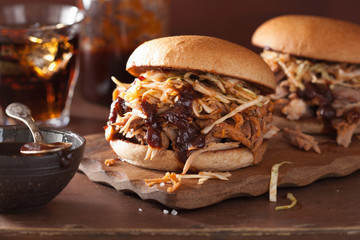 homemade pulled pork burger with coleslaw and bbq sauce