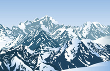Snowy Mountains In The Morning. Vector Illustration Of Winter Mountain Peaks.
