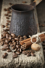 Wall Mural - Coffee beans with spices and cezve