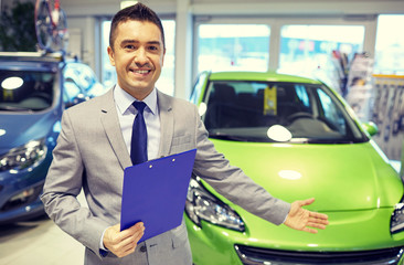 Poster - happy man at auto show or car salon