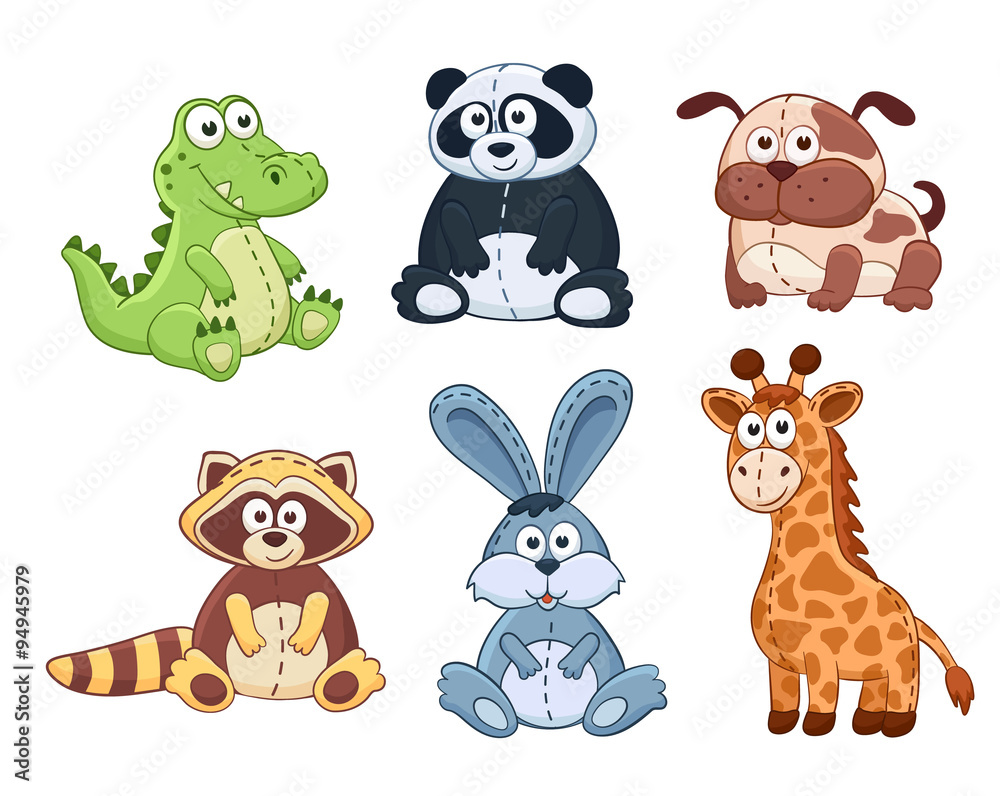 Stock Vektorgrafik Cute cartoon animals isolated on white background. Stuffed toys set. Vector illustration of adorable plush baby animals. Crocodile panda dog raccoon bunny giraffe. Adobe Stock