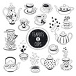 Hand drawn teapot and cup collection. Doodle tea cups, coffee cups and teapots isolated on white background. Vector illustration on tea time icons for cafe and restaurant menu design.