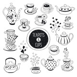 Fototapeta Łazienka - Hand drawn teapot and cup collection. Doodle tea cups, coffee cups and teapots isolated on white background. Vector illustration on tea time icons for cafe and restaurant menu design.
