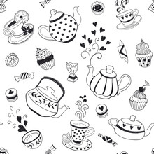 Tea Time Seamless Pattern. Tea Party Background Design. Hand Drawn Doodle Illustration With Teapots, Cups And Sweets.