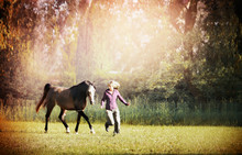 Woman And Brown Horse Running Across Meadow With Big Trees