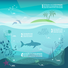 Wall Mural - Underwater infographics. Landscape of marine life - Island in the ocean and underwater world with different animals. Low polygon style flat illustrations. For web and mobile phone,print.