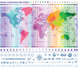 Wall Mural - world standard time zones map with clocks, navigation and travel icons