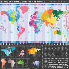 Wall Mural - colorful world standard time zones map. maps of each continent. time zones clocks icons and travel i