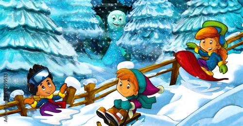 Cartoon Winter Scene With Kids Illustration For The Children