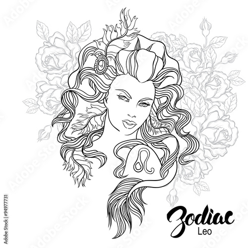 Fényképezés  Zodiac. Vector illustration of Leo as girl with flowers.