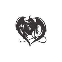 Female Devil Succubus With Wings And Tail Black And White Tattoo Vector Illustration