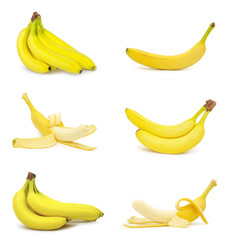 Wall Mural - Collection of yellow bananas isolated on white background