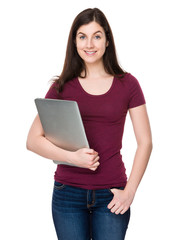 Caucasian woman hold with notebook computer