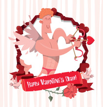 Vector Cartoon Image Of Frame Valentine's Day Bright Red With Flowers, Doves And Heart Symbol With Sexy Pink Cupid With Wings In Red Trunks, With Bow And Arrow  On Pink White Striped Background. 
