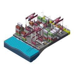 Vector set with industrial construction cranes that make loading, delivery and unloading of containers on the territory of the port warehouse. Shipping process.3D isometric concept.