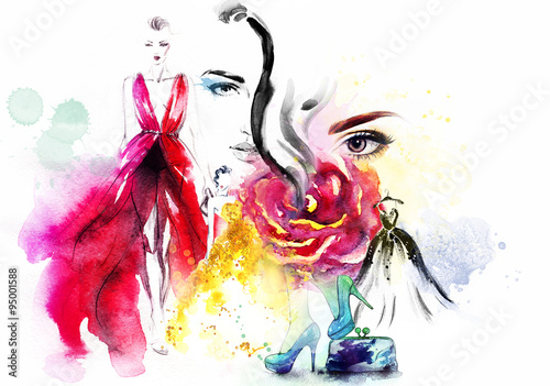 Fotografia, Obraz fashion collage. watercolor illustration