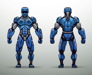 Vector Blue Cyborg soldier. Image of cyborg soldier in blue protective suit on a light background. Front and rear views.