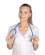 © mirexon - Beautiful smiling doctor woman holding stethoscope over isolated white background