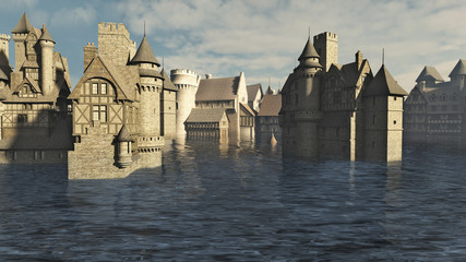 Fototapete - Flooded Medieval European or Fantasy Town - illustration