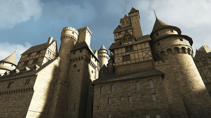 Fototapete - European Medieval or fantasy castle or town walls - illustration