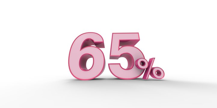 3D rendering of a pink and white 65 percent letters on a white background