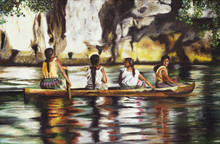 Painting Four Indies On A Boat On The Amazon River.
