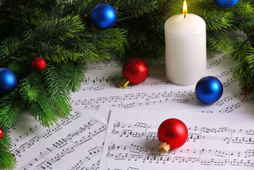 Wall Mural - Music notes with Christmas decoration close up