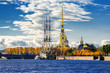St Petersburg, Russia. Sailing ship anchored by the Peter church