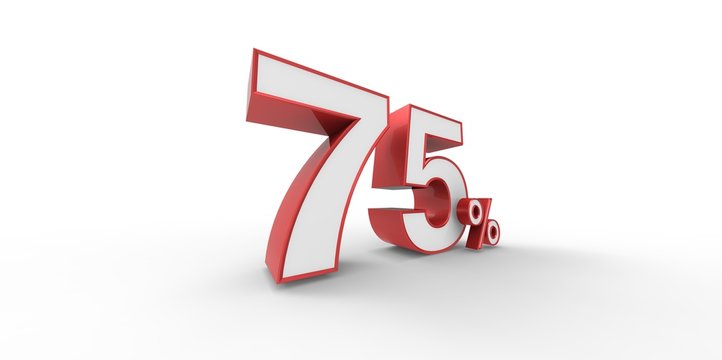 3D rendering of a red and white 75 percent letters on a white background