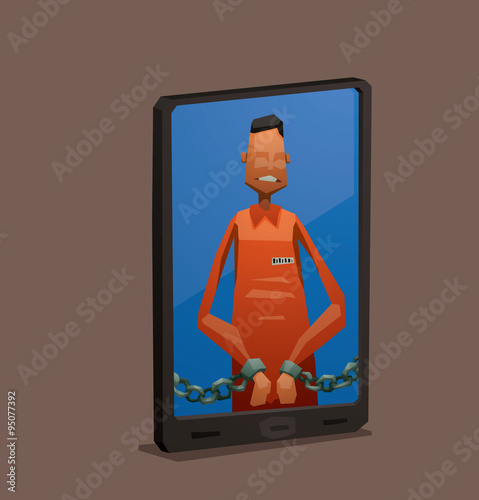 Vector Cartoon Image Of Black Smartphone With A Man With Black