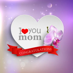 Wall Mural - I love you mom. Abstract holiday background with paper hearts, orchid flower and ribbon. Mothers day concept 