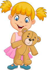 Cartoon little girl playing with teddy bear