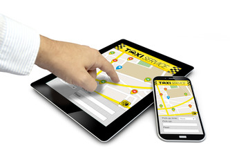 Poster - group of touchscreen devices with taxi app and a finger touching