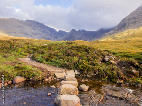 Fotografie, Obraz Stepping stones leading to the Fairy Pools, Ilse of Skye, Scotland, UK