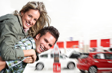 Canvas Print - Happy couple near new car.