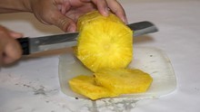 Pineapple Chopping On Slices. Footage