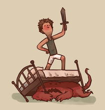 Vector Cartoon Image Of A Little Boy With Brown Hair In White Shorts And A Gray T-shirt Standing On A Bed With A Wooden Sword, And A Frightened Red Monster Lying Under The Bed On A Light Background.